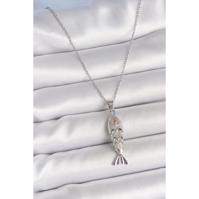 316L Çelik Zincir Gümüş Renk Zirkon Taşlı Balık Figürlü Kolye - TJ-BKO10233