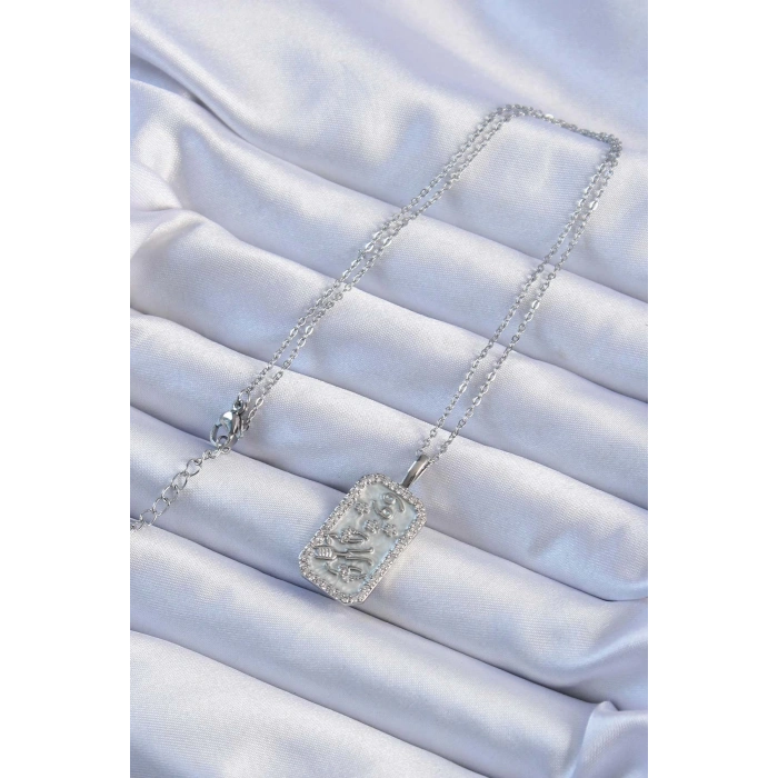 316L Çelik Zincir Gümüş Renk Zirkon Taşlı Çerçeveli Tarot Kolye - TJ-BKO9242