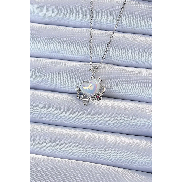 316L Çelik Zincir Gümüş Renk Zirkon Taşlı Gezegen Görünümlü Kalp Kolye - TJ-BKO9218