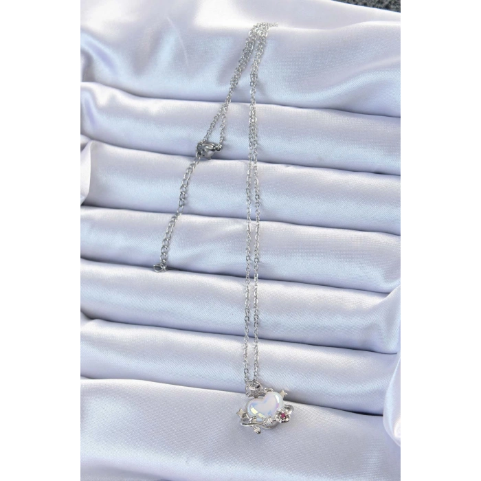 316L Çelik Zincir Gümüş Renk Zirkon Taşlı Gezegen Görünümlü Kalp Kolye - TJ-BKO9218