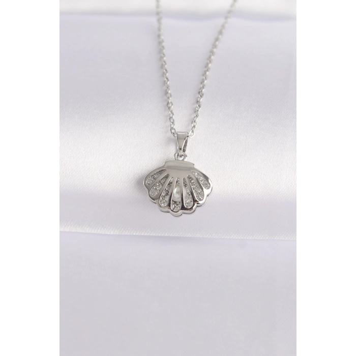 316L Çelik Zincir Gümüş Renk Zirkon Taşlı İnci Detay İstiridye Kolye - TJ-BKO8600