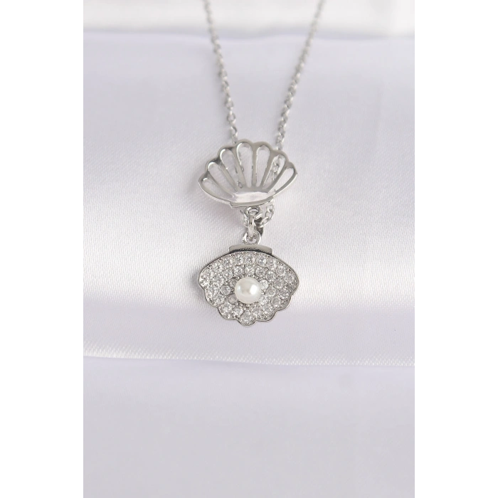 316L Çelik Zincir Gümüş Renk Zirkon Taşlı İnci Detay İstiridye Kolye - TJ-BKO8600