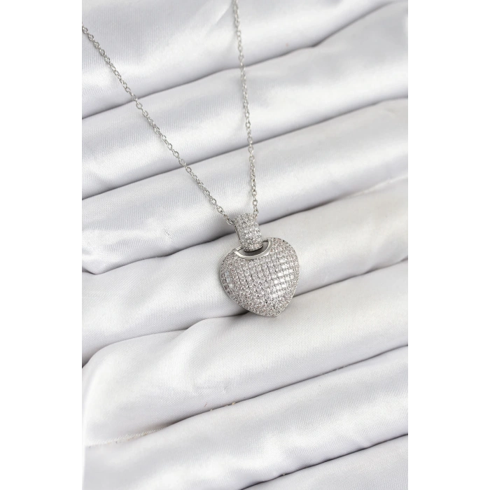 316L Çelik Zincir Gümüş Renk Zirkon Taşlı Kalpli Kadın Kolye - TJ-BKO10606