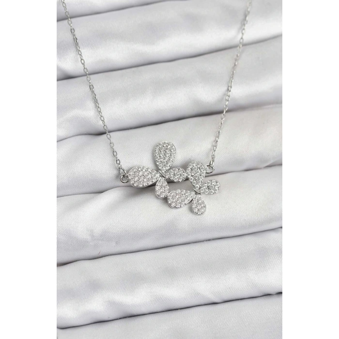 316L Çelik Zincir Gümüş Renk Zirkon Taşlı Kelebek Model Kadın Kolye - TJ-BKO10770