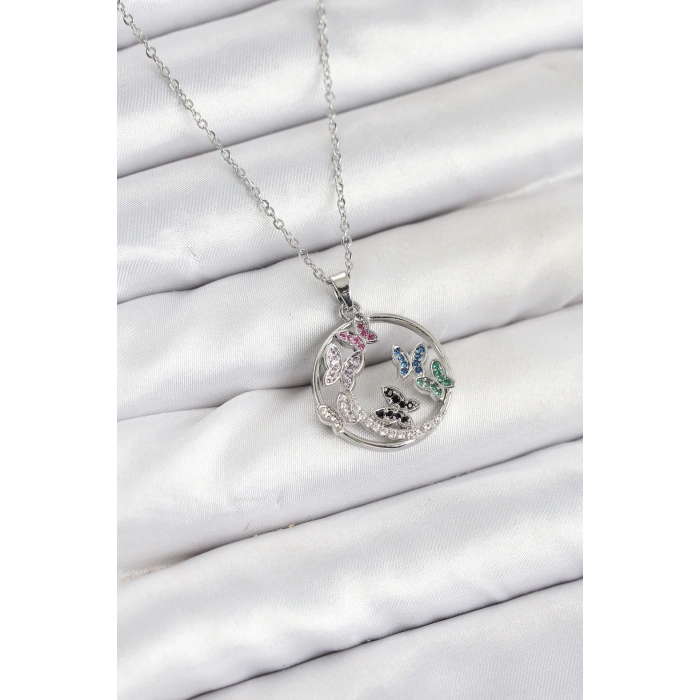 316L Çelik Zincir Gümüş Renk Zirkon Taşlı Kelebekli Kadın Kolye - TJ-BKO10608