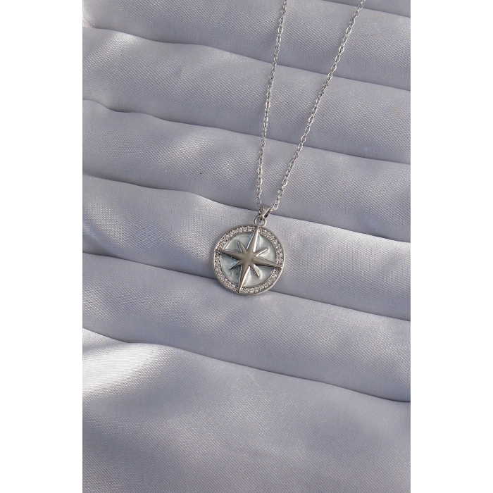 316L Çelik Zincir Gümüş Renk Zirkon Taşlı Kutup Yıldızı Kolye - TJ-BKO9012
