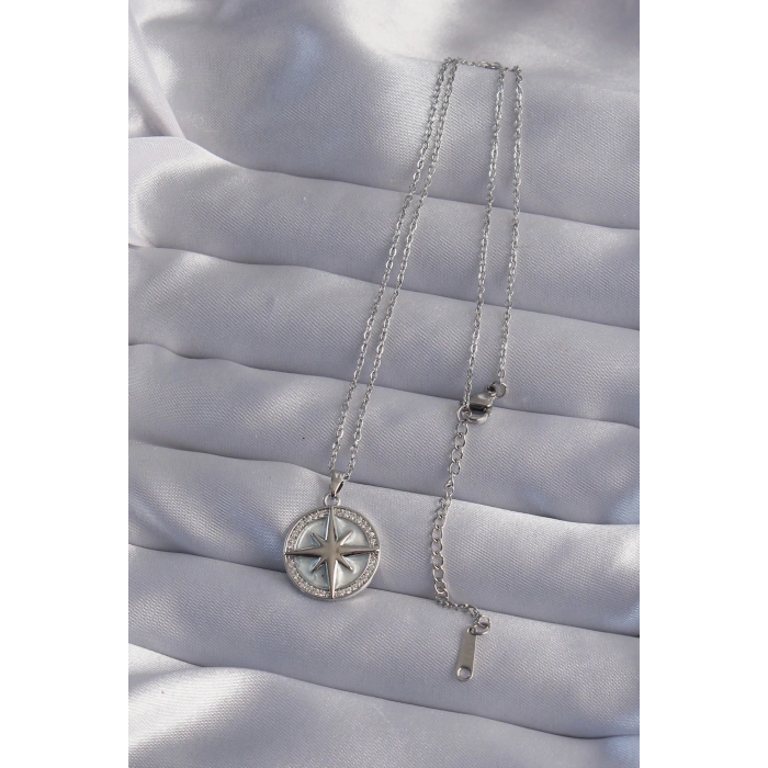 316L Çelik Zincir Gümüş Renk Zirkon Taşlı Kutup Yıldızı Kolye - TJ-BKO9012