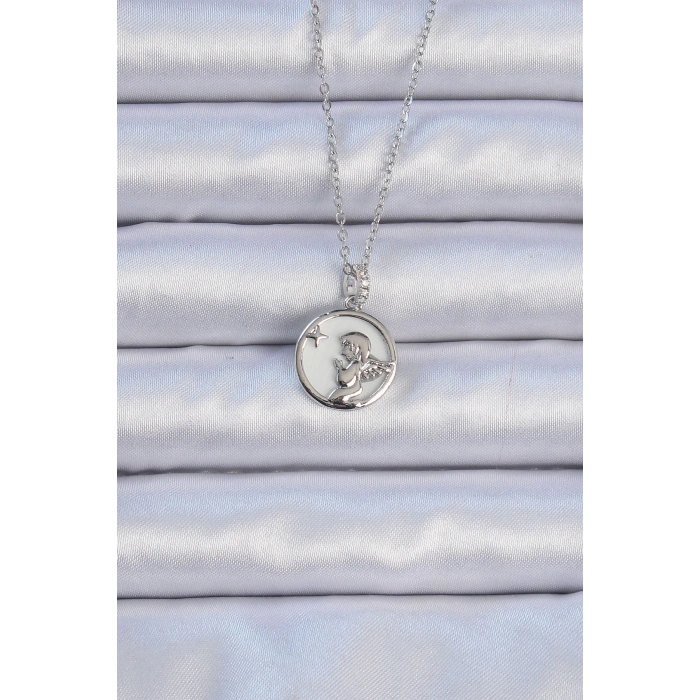 316L Çelik Zincir Gümüş Renk Zirkon Taşlı Mineli Melek Kolye - TJ-BKO9086