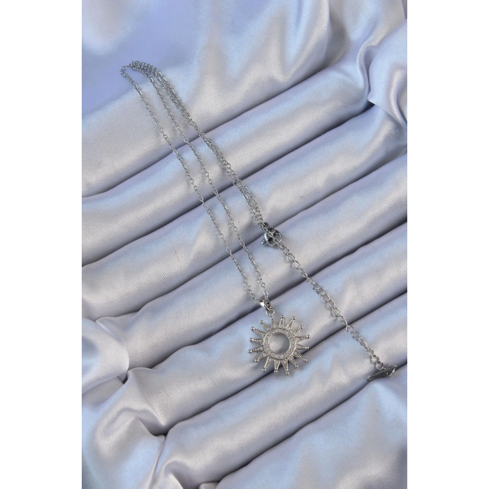 316L Çelik Zincir Gümüş Renk Zirkon Taşlı Parlayan Güneş Kolye - TJ-BKO9106
