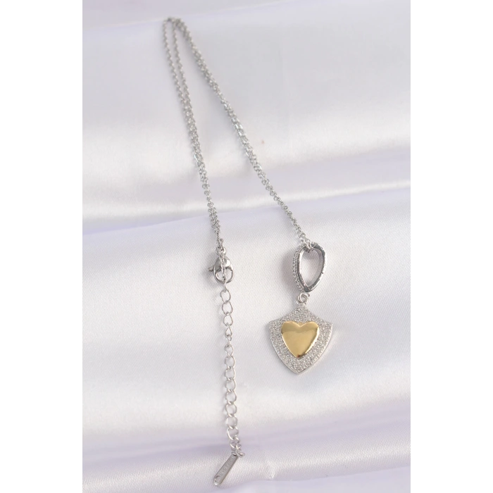 316L Çelik Zincir Gümüş Renk Zirkon Taşlı Tasarım Altın Renk Kalp Kolye - TJ-BKO8661
