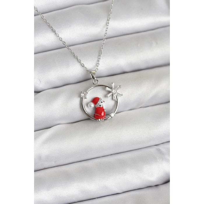 316L Çelik Zincir Gümüş Zirkon Taşlı Yılbaşı Tema Kadın Kolye - TJ-BKO10719