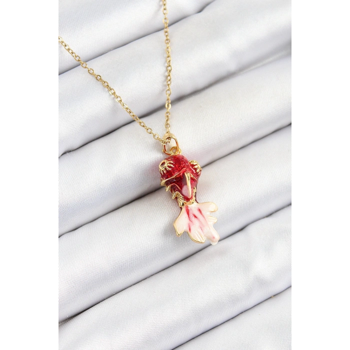 316L Çelik Zincir Kırmızı Balık Model Gold Renk Kadın Kolye - TJ-BKO10325
