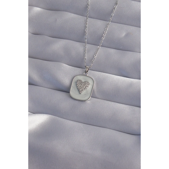 316L Çelik Zincir Mermer Desenli Gümüş Renk Zirkon Taşlı Kalp Model Kolye - TJ-BKO9014