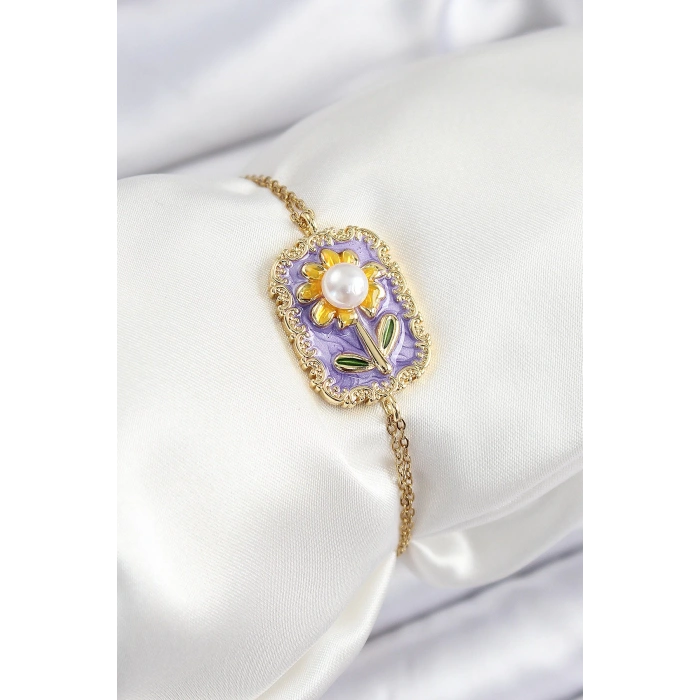 316L Çelik Zincir Mor Mineli Sanatsal Portre İnci Detaylı Papatya Model Gold Renk Kadın Bileklik - TJ-BB7231