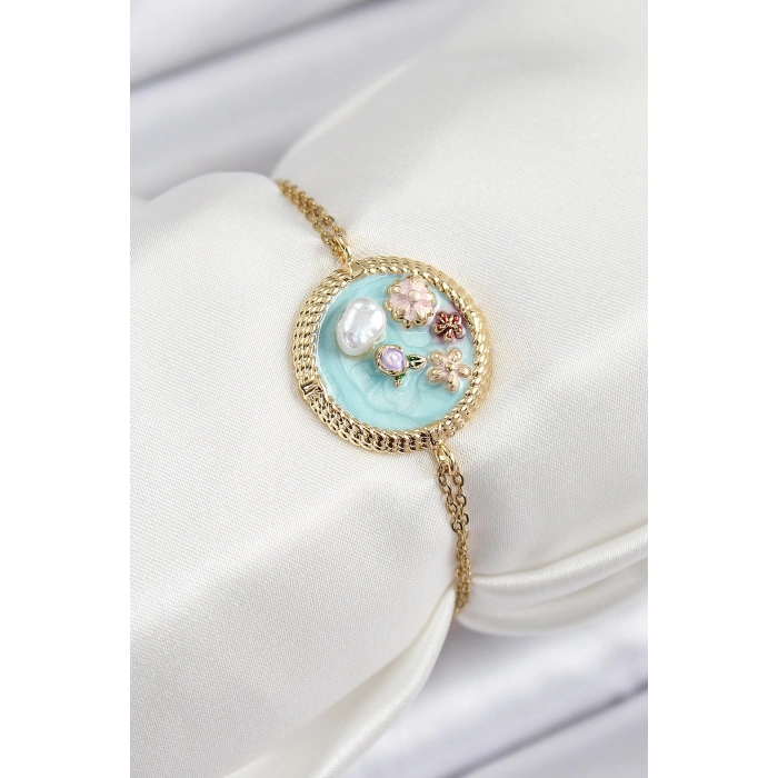 316L Çelik Zincir Turkuaz Mineli Sanatsal Portre İnci Detaylı Çiçek Model Gold Renk Kadın Bileklik - TJ-BB7227