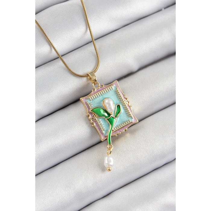 316L Çelik Zincir Turkuaz Sanatsal Portre Sallantılı İnci Detaylı Lale Model Gold Renk Kadın Kolye - TJ-BKO10280