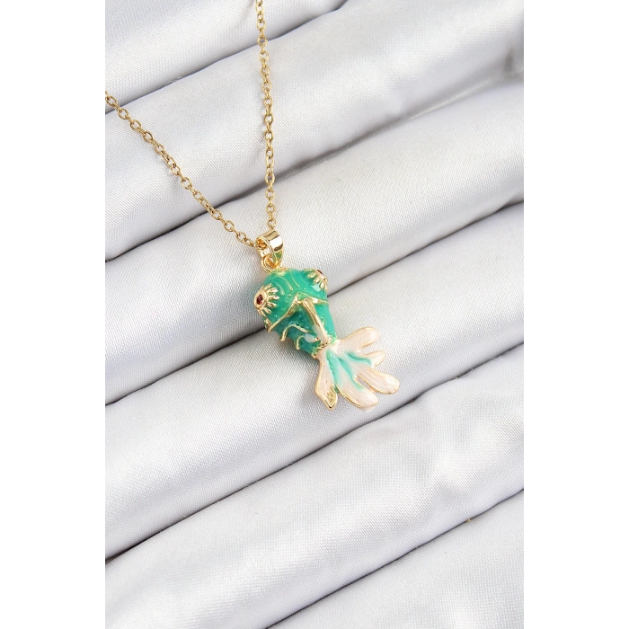 316L Çelik Zincir Yeşil Balık Model Gold Renk Kadın Kolye - TJ-BKO10323