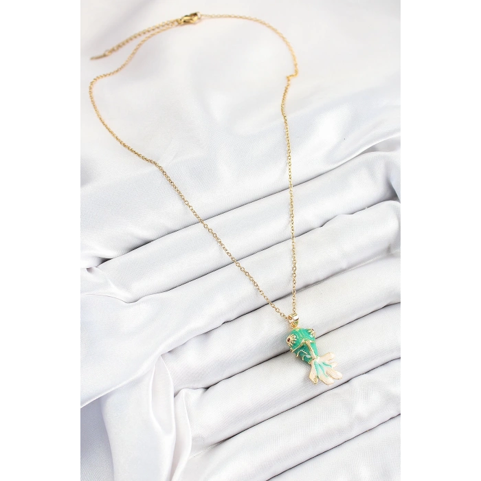 316L Çelik Zincir Yeşil Balık Model Gold Renk Kadın Kolye - TJ-BKO10323