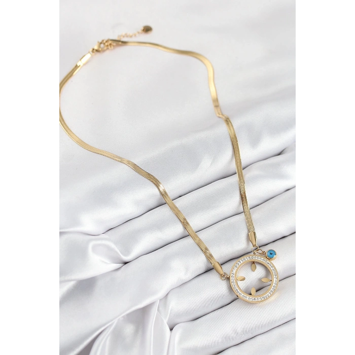 316L Çelik Zirkon Taşlı Çeyrek Takılabilir Gold Renk Kadın Kolye - TJ-BKO10506