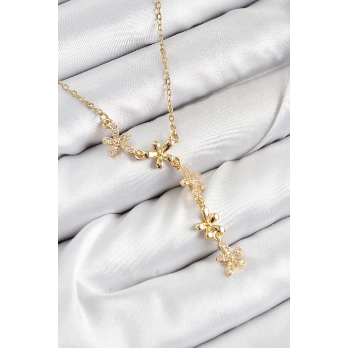 316L Çelik Zirkon Taşlı Çiçek Model Gold Renk Kadın Kolye - TJ-BKO10407