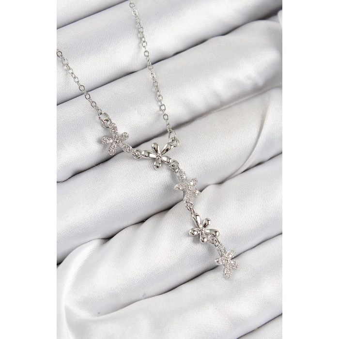 316L Çelik Zirkon Taşlı Çiçek Model Gümüş Renk Kadın Kolye - TJ-BKO10406