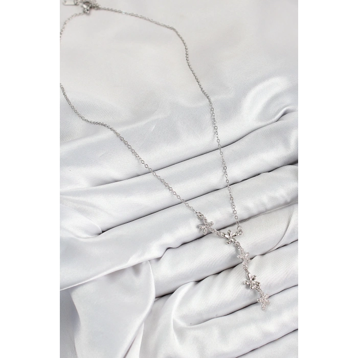 316L Çelik Zirkon Taşlı Çiçek Model Gümüş Renk Kadın Kolye - TJ-BKO10406