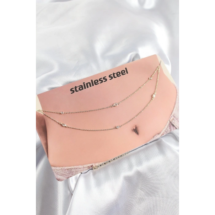 316L Çelik Zirkon Taşlı Damla Model Gold Renk Göbek Zinciri - TJ-BKGZ10342