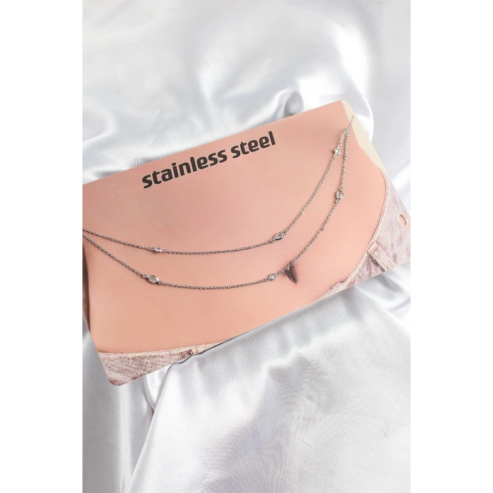 316L Çelik Zirkon Taşlı Damla Model Gümüş Renk Göbek Zinciri - TJ-BKGZ10341