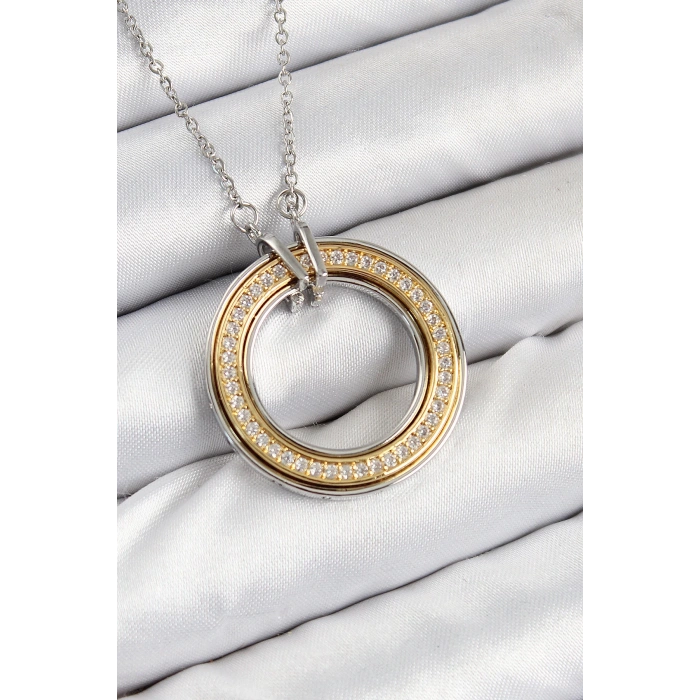 316L Çelik Zirkon Taşlı Dönen Daire Model Gold Ve Gümüş Renk Kadın Kolye - TJ-BKO10479