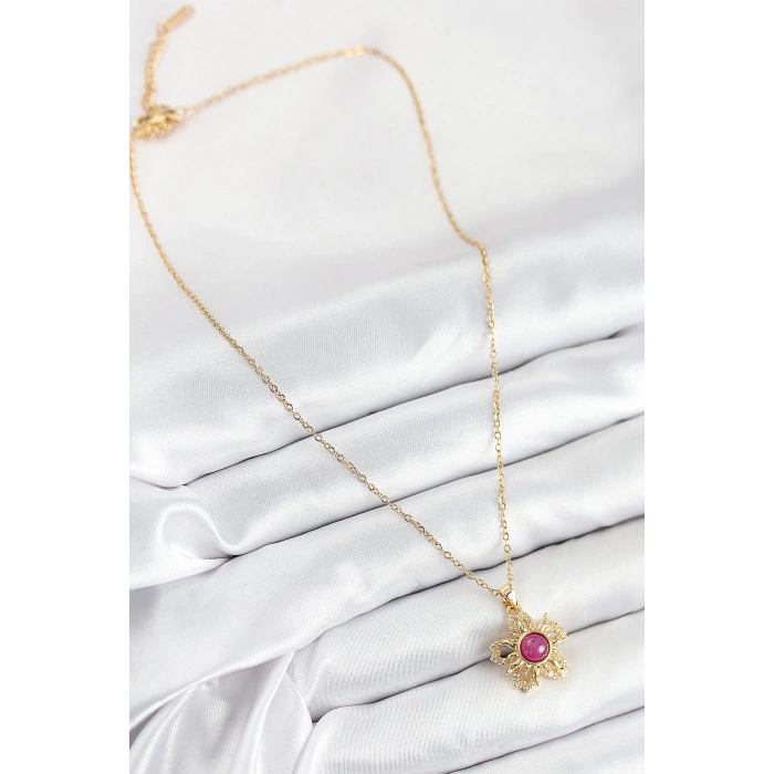 316L Çelik Zirkon Taşlı Döner Güneş Model Gold Renk Kadın Kolye - TJ-BKO10510