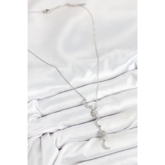 316L Çelik Zirkon Taşlı Güneş Ve Ay Model Gümüş Renk Kadın Kolye - TJ-BKO10549