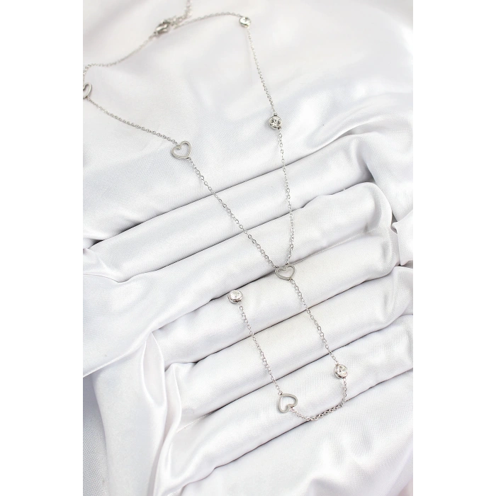 316L Çelik Zirkon Taşlı Kalp Figürlü Y Model Gümüş Renk Kadın Kolye - TJ-BKO10334