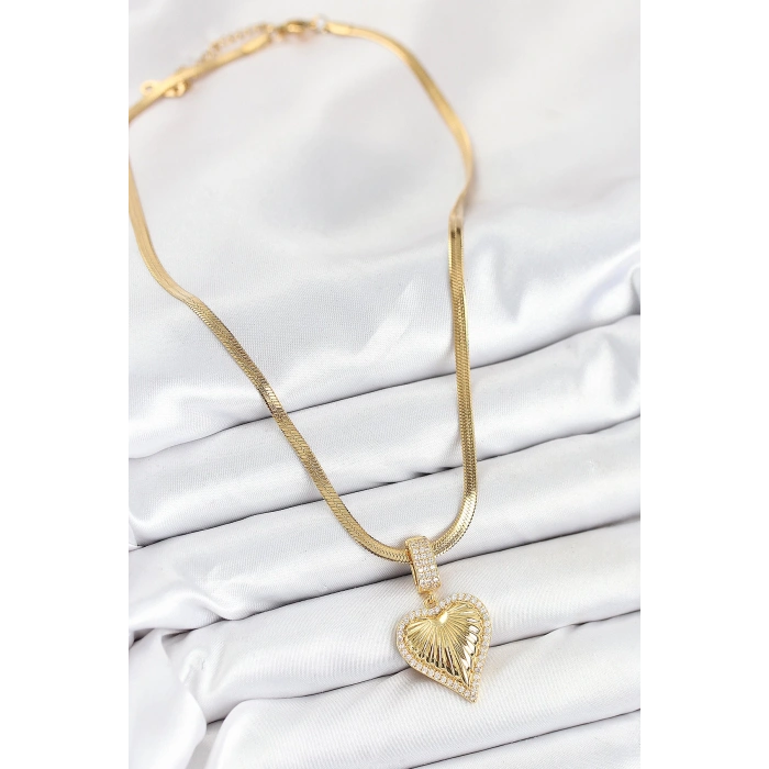 316L Çelik Zirkon Taşlı Kalp Model Gold Renk Kadın Kolye - TJ-BKO10530