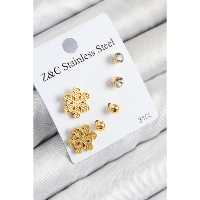 316L Çelik Zirkon Taşlı Kar Tanesi Model Gold Renk Kadın Set Küpe - TJ-BKP11122