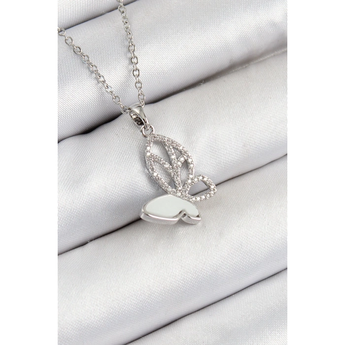 316L Çelik Zirkon Taşlı Kelebek Model Gümüş Renk Kadın Kolye - TJ-BKO10360