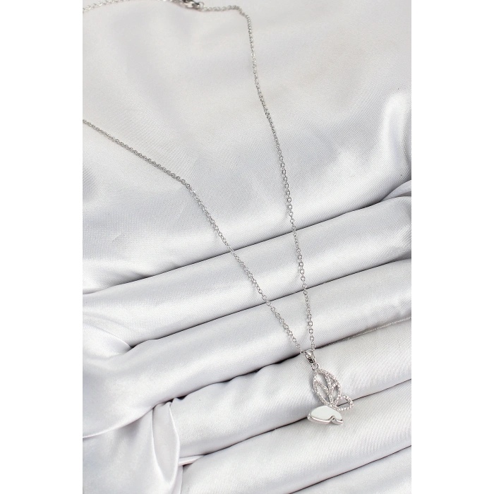 316L Çelik Zirkon Taşlı Kelebek Model Gümüş Renk Kadın Kolye - TJ-BKO10360