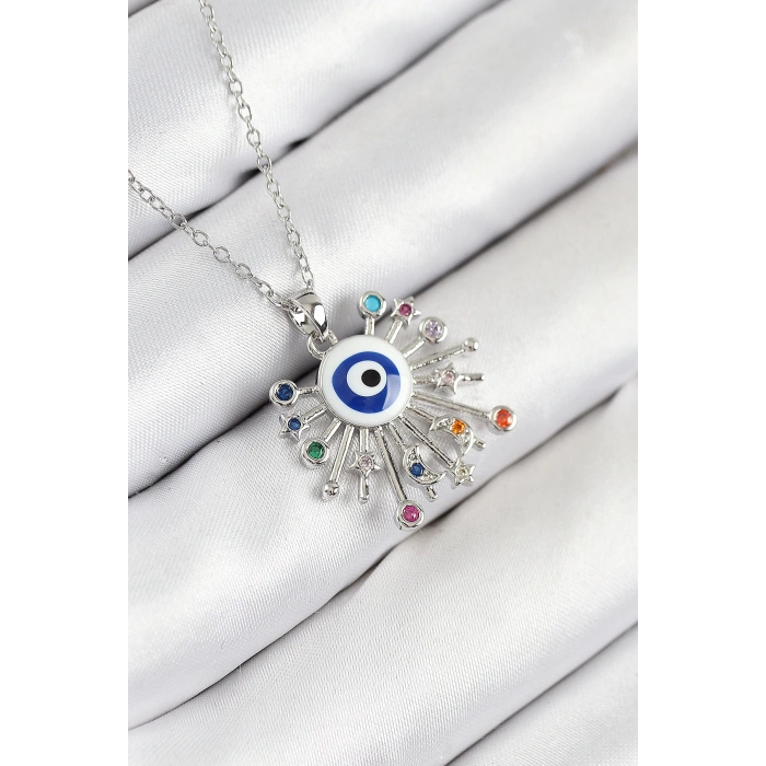316L Çelik Zirkon Taşlı Nazar Model Gümüş Renk Kadın Kolye - TJ-BKO10543