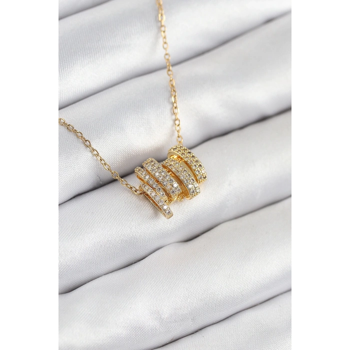 316L Çelik Zirkon Taşlı Sarmal Model Gold Renk Kadın Kolye - TJ-BKO10512