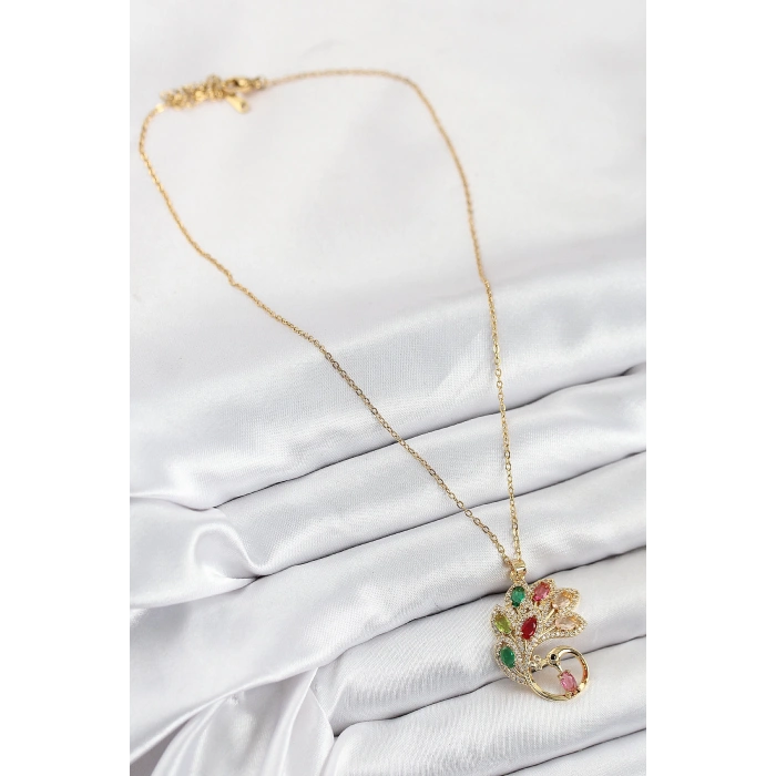 316L Çelik Zirkon Taşlı Tavus Kuşu Model Gold Renk Kadın Kolye - TJ-BKO10514