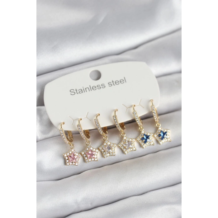 316L Çelik Zirkon Taşlı Yıldız Form 6lı Set Kadın Küpe - TJ-BKP11739
