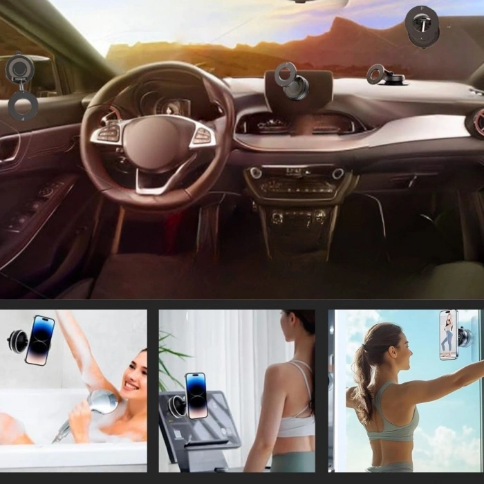 360° Döner Başlıklı Vakumlu Emişli Manyetik Telefon Tutucu – Güçlü Mıknatıslı, İz Bırakmaz (4887)