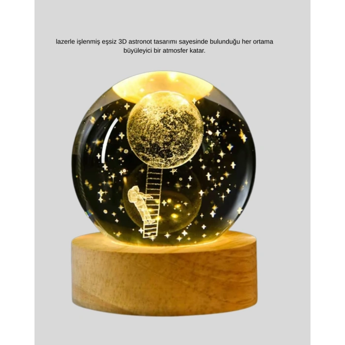 3d Astronot Kristal Küre Gece Lambası Usb Ahşap Standlı Dekoratif Işık