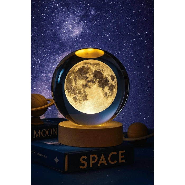 3D Ay Küre Kristal Gün Işığı Led Gece Lambası – USBli Ahşap Standlı LED Masa Lambası & Gece Lambası