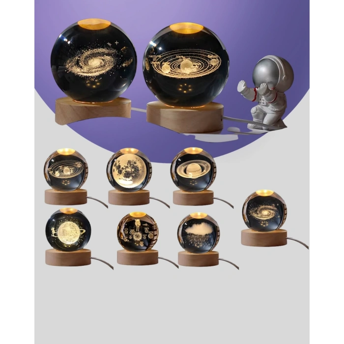 3d Lazer İşlemeli Galaksi Küre Usb Led Ahşap Standlı Oda Gece Lambası