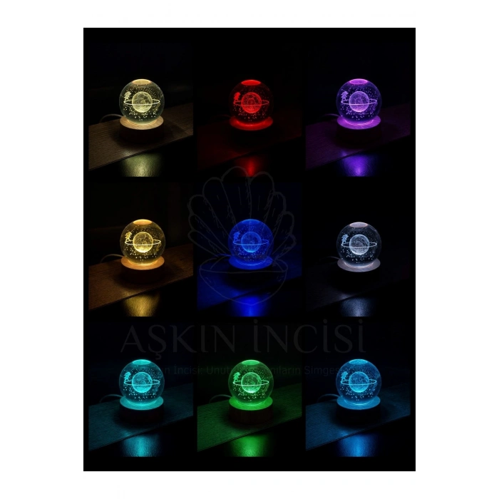 3D Satürn Kız Küre Kristal Led Gece Lambası – USBli Ahşap Standlı LED Masa & Gece Lambası RGB