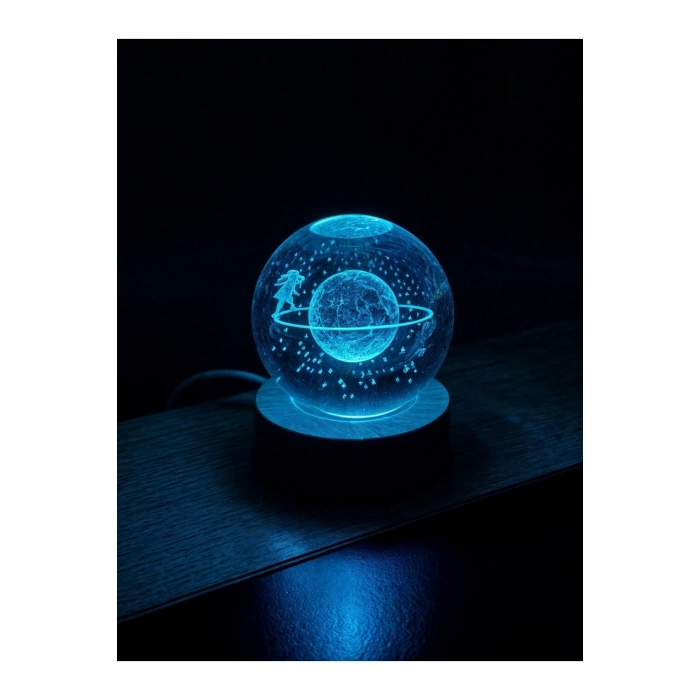 3D Satürn Kız Küre Kristal Led Gece Lambası – USBli Ahşap Standlı LED Masa & Gece Lambası RGB