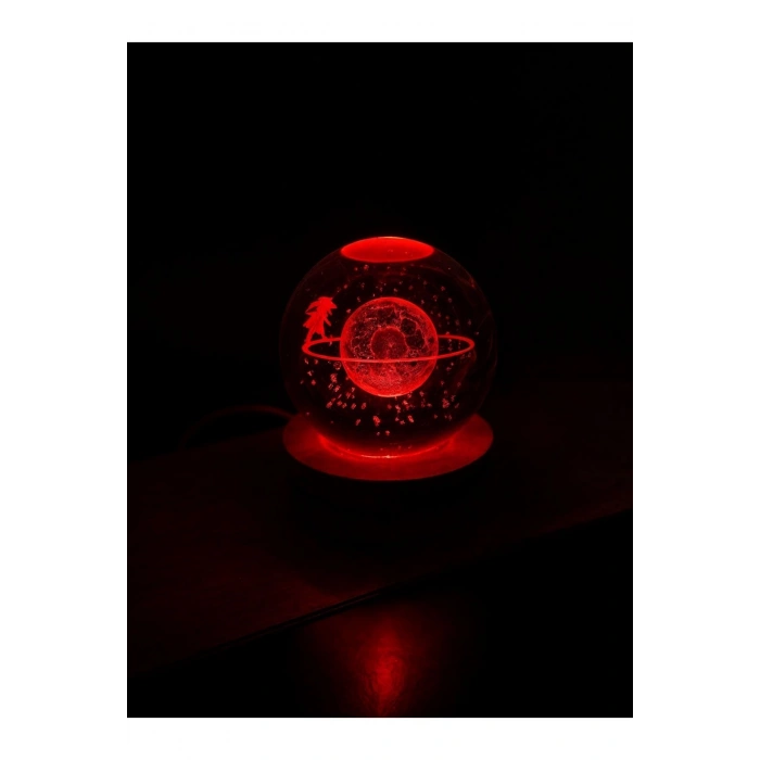 3D Satürn Kız Küre Kristal Led Gece Lambası – USBli Ahşap Standlı LED Masa & Gece Lambası RGB