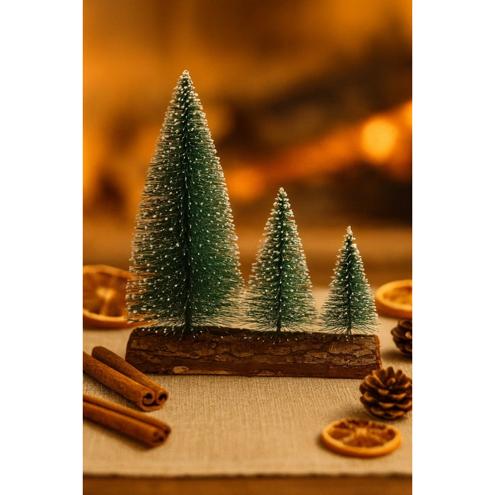 3’lü Mini Kar Efektli Yılbaşı Noel Ağaç Seti – Ahşap Kütük Üzeri Dekoratif Mini Çam Ağaçları