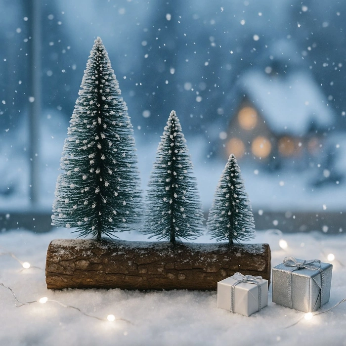 3’lü Mini Kar Efektli Yılbaşı Noel Ağaç Seti – Ahşap Kütük Üzeri Dekoratif Mini Çam Ağaçları
