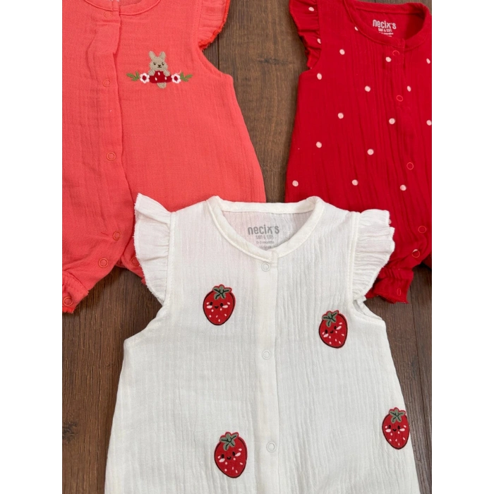 3lu Muslin Kız Bebek Tulum Set